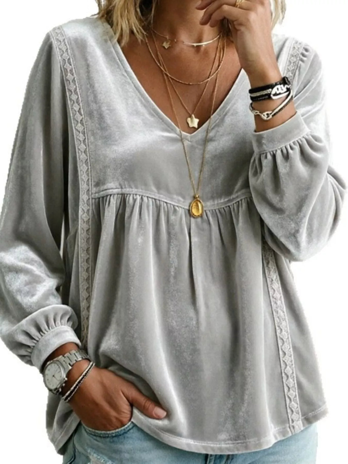 Full Size V-Neck Long Sleeve Velvet Blouse with Lace Trim Plus Size - Gray - View 1
