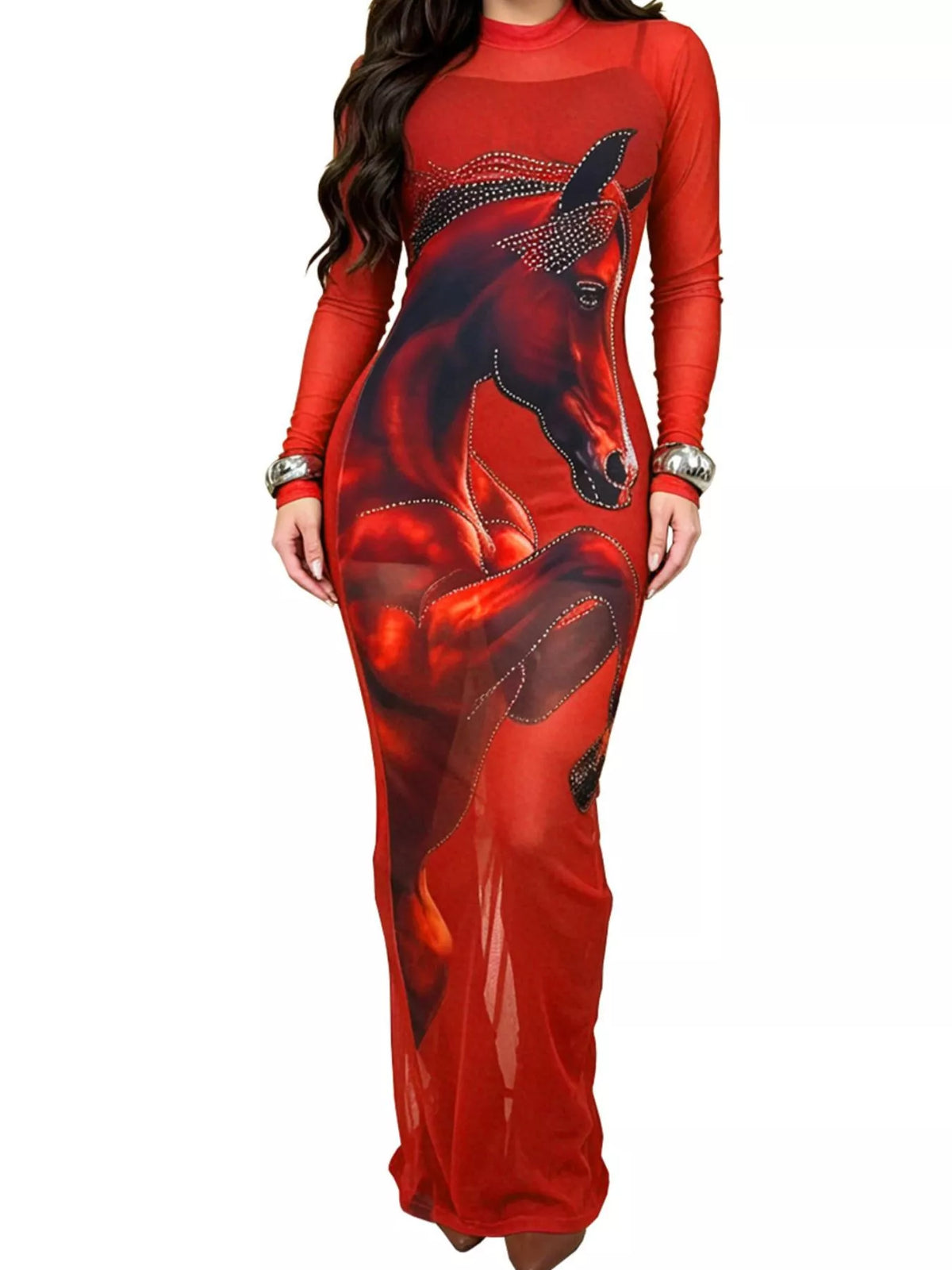 Cami Dress and Rhinestone Horse Mesh Maxi Dress Set - Red - View 9