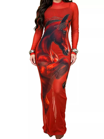 Cami Dress and Rhinestone Horse Mesh Maxi Dress Set - Red - View 9