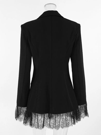 Lace Hem Lapel Collar Blazer - Black - View 12