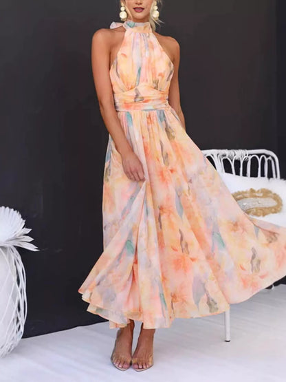 Full Size Halter Neck Floral Print Maxi Dress Plus Size - Sherbet - Styled Front View