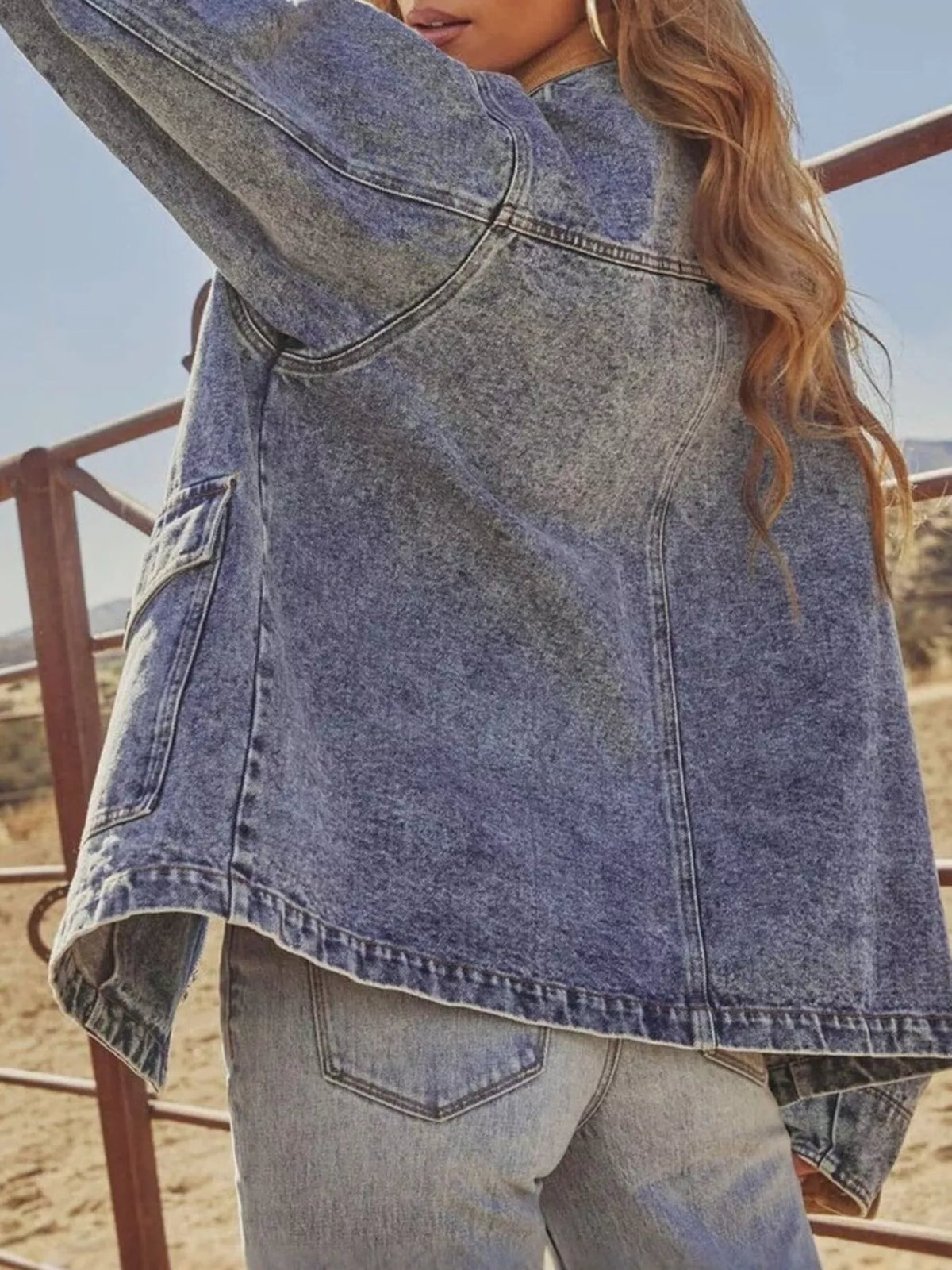 Zip Up Contrast Corduroy Collar Denim Jacket - Blue - View 4