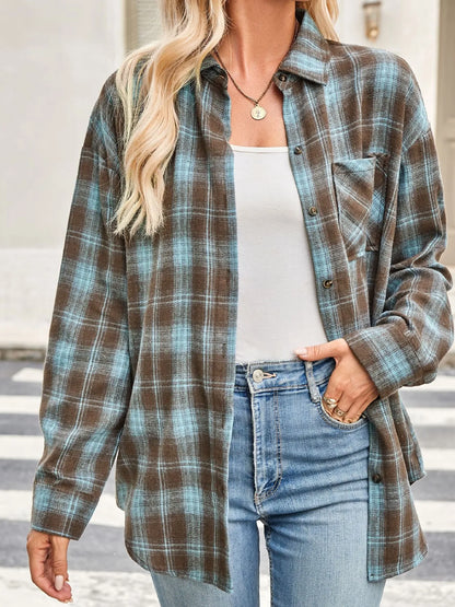 Plaid Button Up Long Sleeve Shirt - Turquoise - View 7