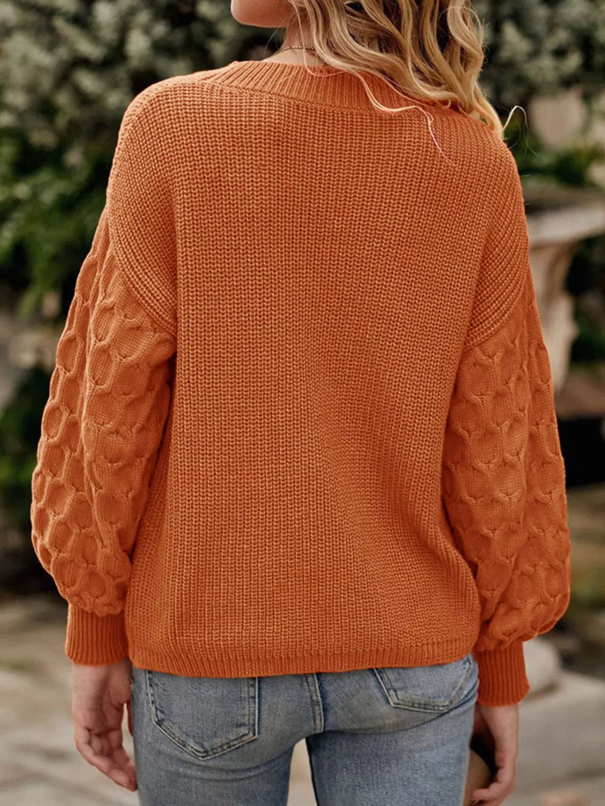 Textured Sleeve Round Neck Sweater - Terracotta - View 2