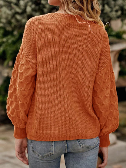 Textured Sleeve Round Neck Sweater - Terracotta - View 2
