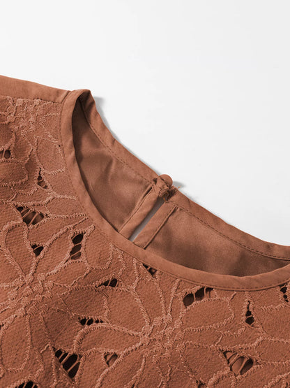 Floral Lace Crochet Tiered Ruffled Mini Dress - Caramel - View 4