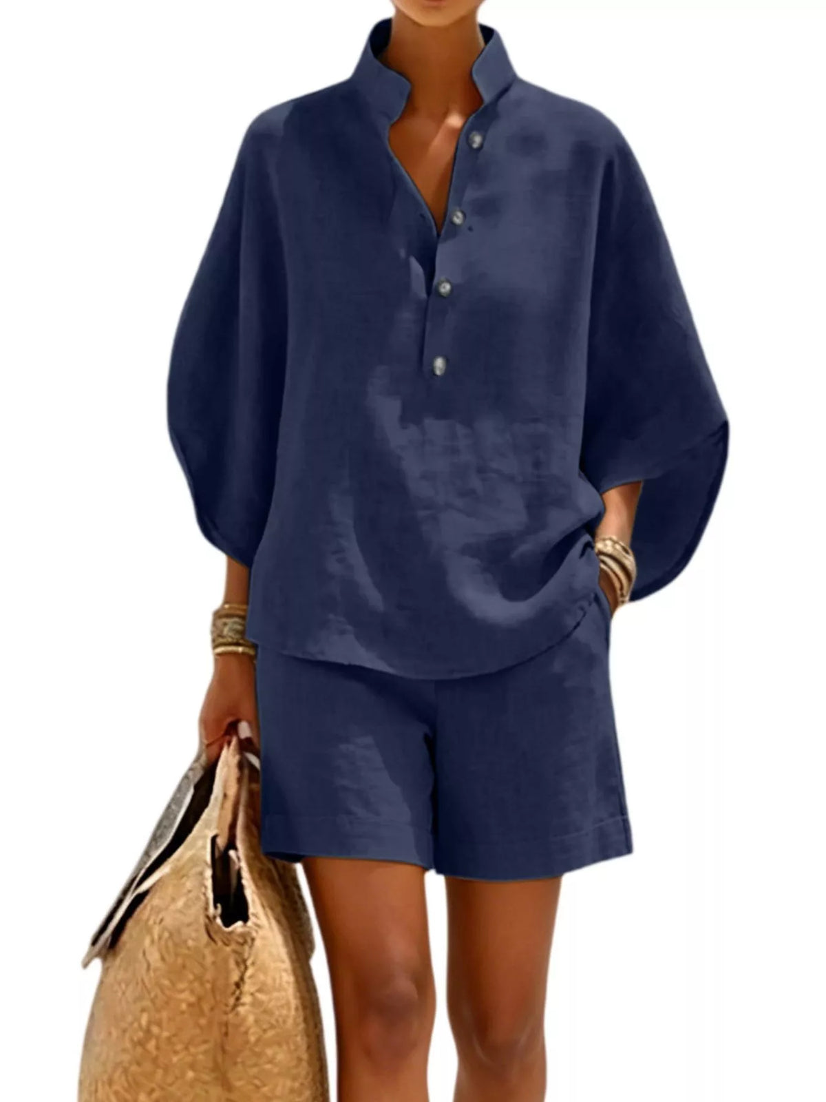 Full Size Button Detail Loose Fit Top and Shorts Set Plus Size - Navy Blue - View 1
