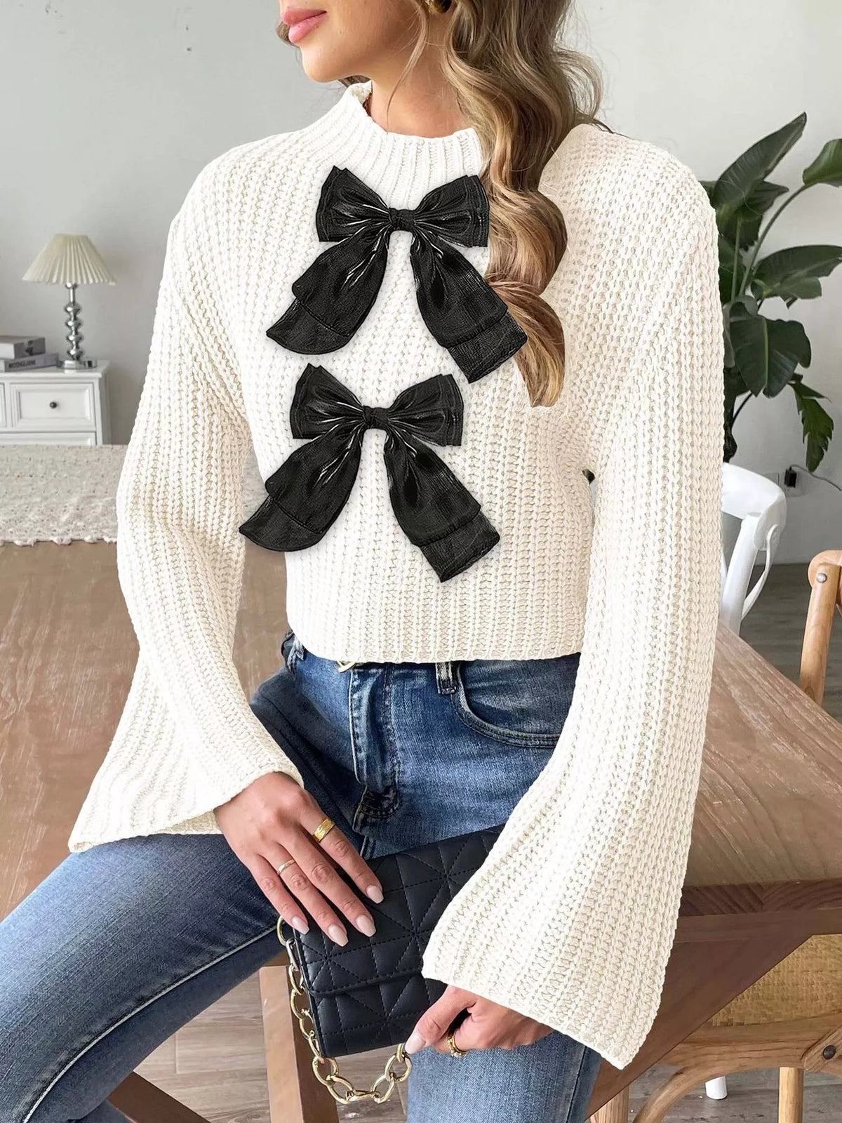 Bow-Decorated Mock Neck Cropped Sweater - White - View 2