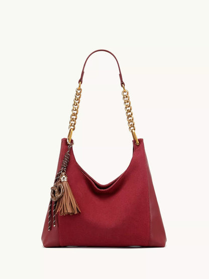 Chain Strap Tassel Charm Shoulder Bag - Wine Red - View 6
