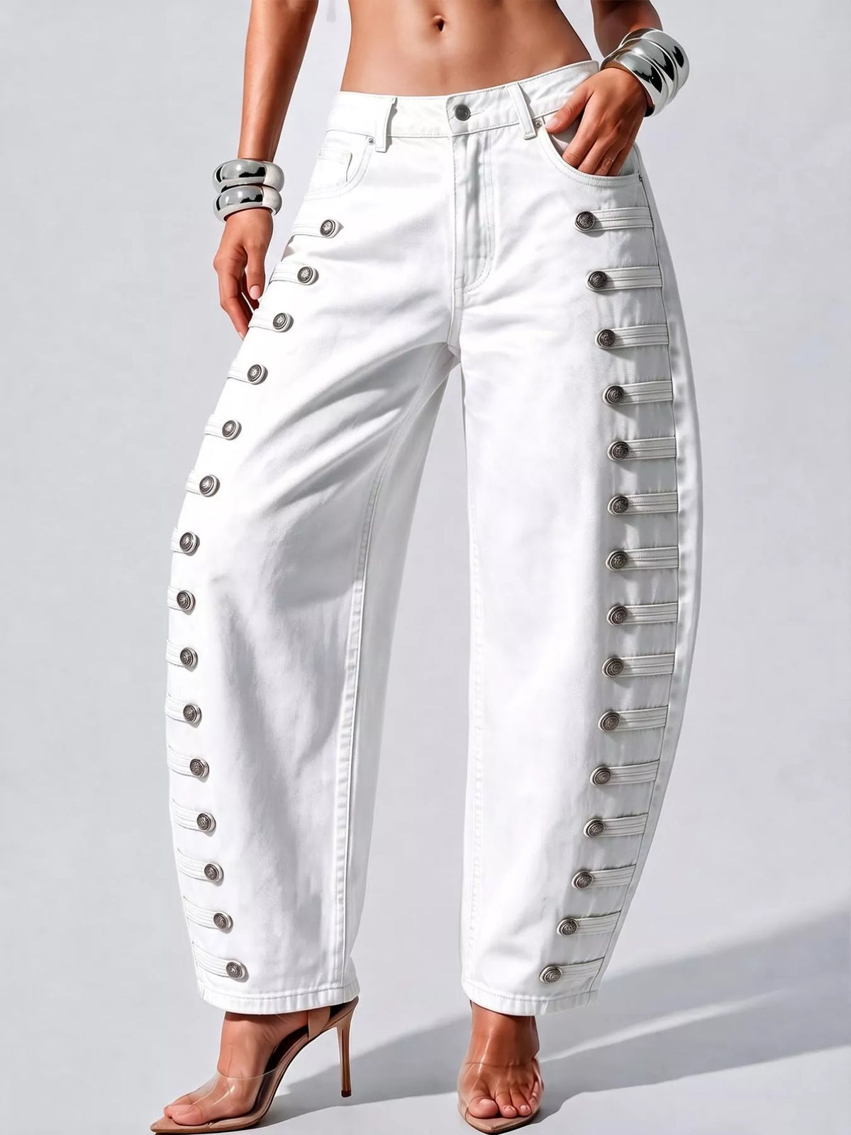 Decorative Button Wide Leg Jeans - White - View 14