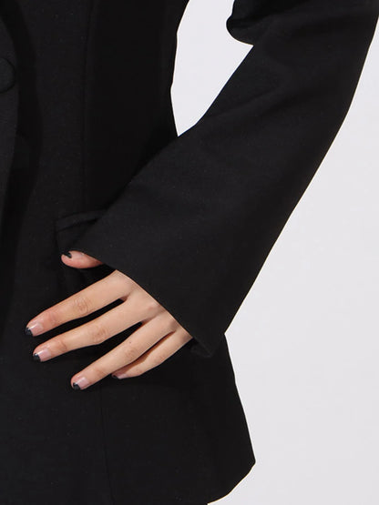 Flower Button Front Long Sleeve Blazer - Black - View 7