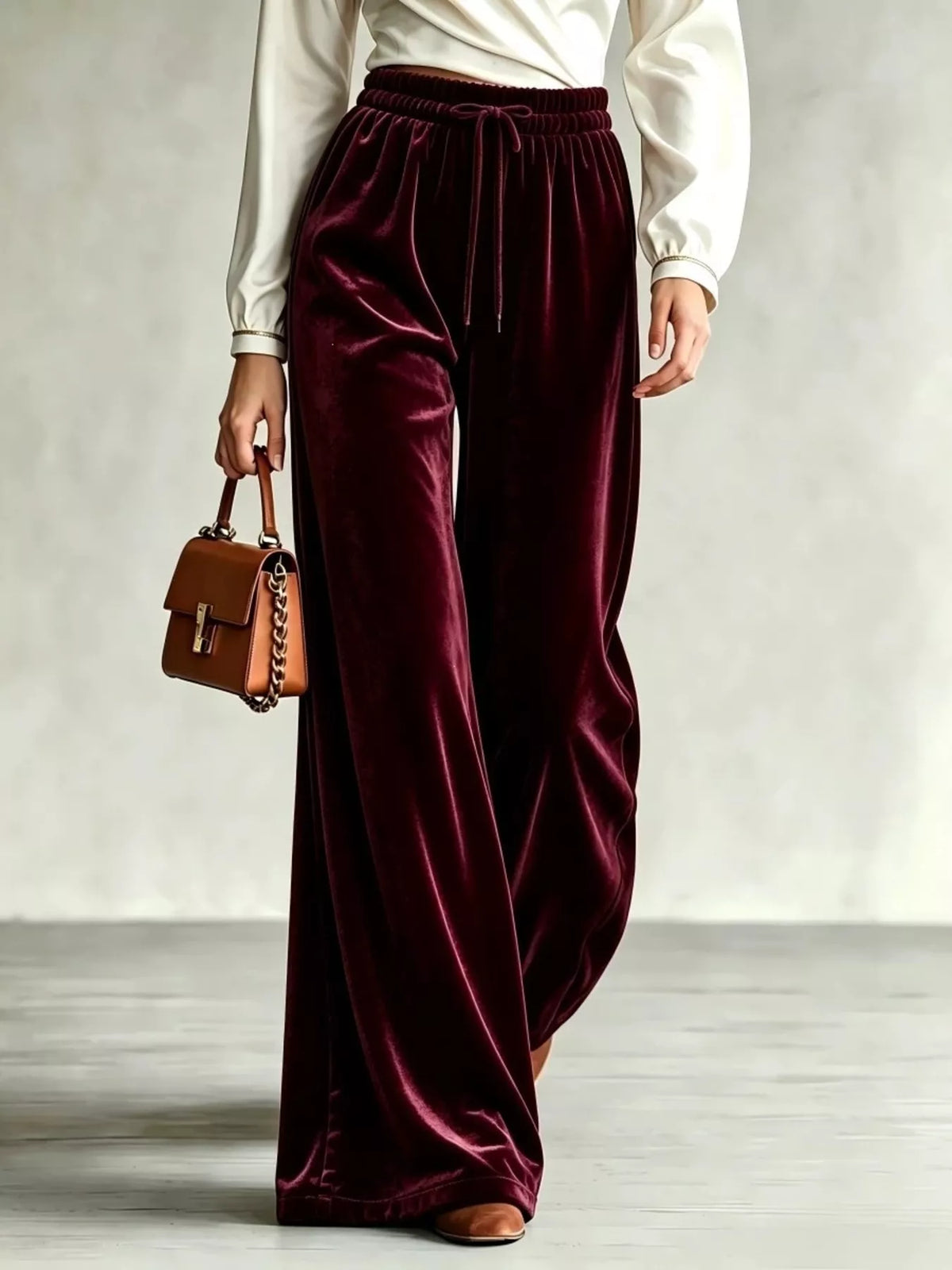 Velvet Wide-Leg Pants with Drawstring - Burgundy - View 1