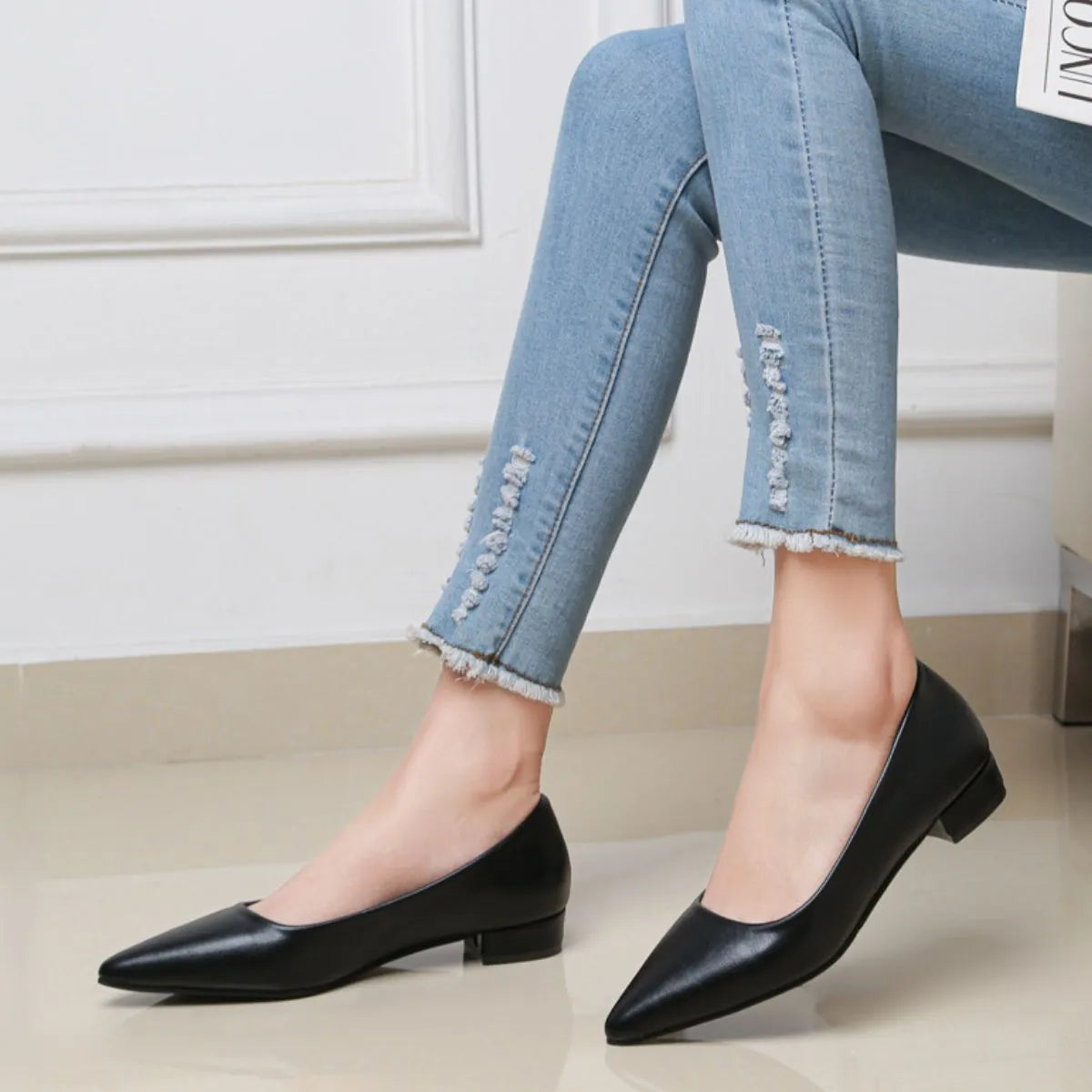 Pointed Toe Low Heel Pump - Black - View 4