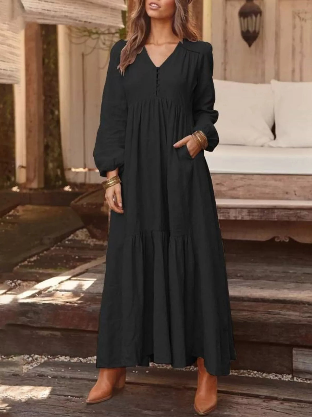 Full Size V-Neck Long Sleeve Tiered Maxi Dress with Pockets Plus Size - Black - View 1