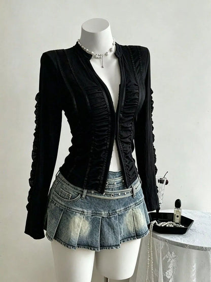 Ruched Slim-Fit Long Sleeve Top - Black - View 1