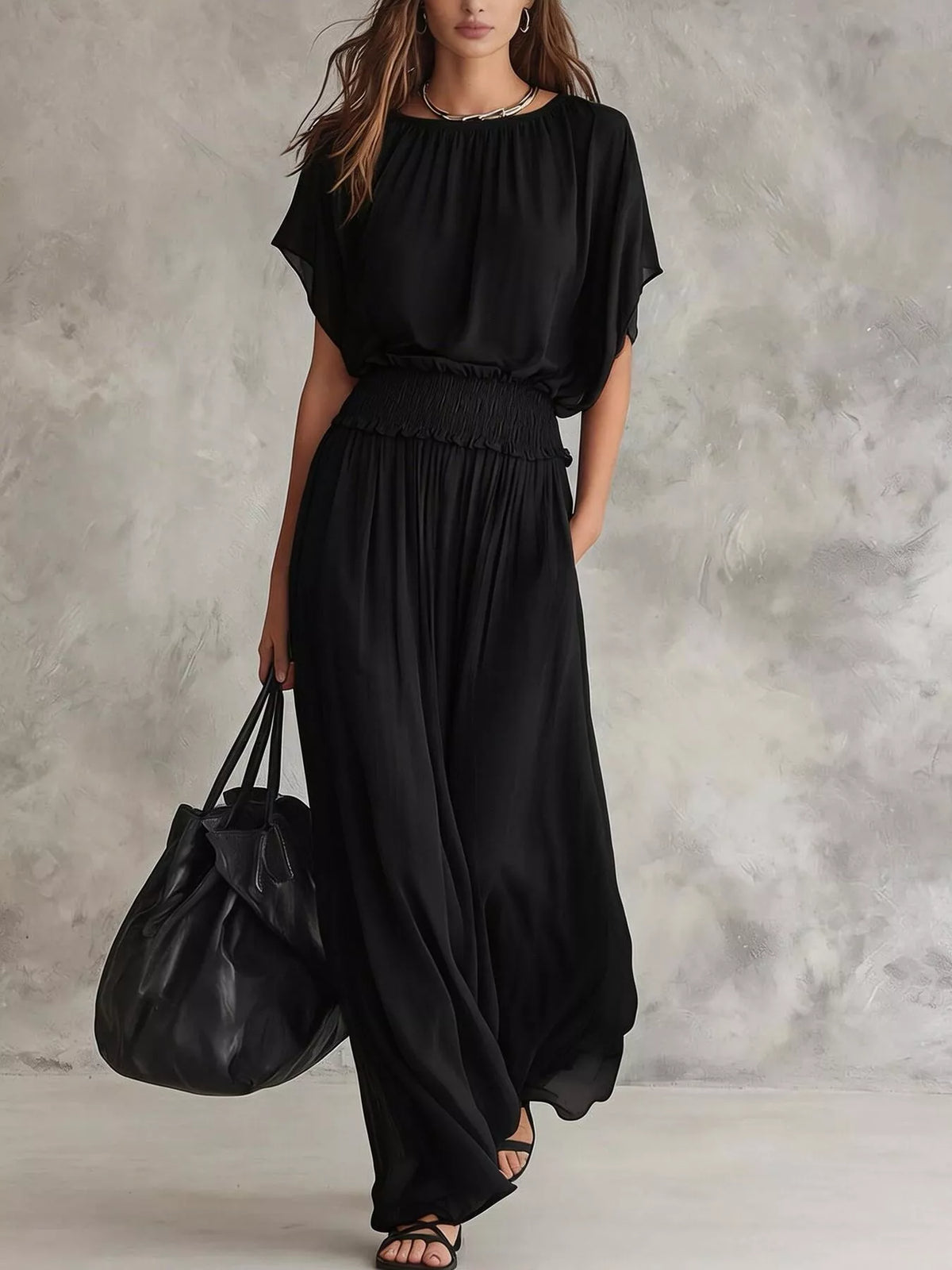 Chiffon Maxi Dress with Smocked Waist - Tan - View 4