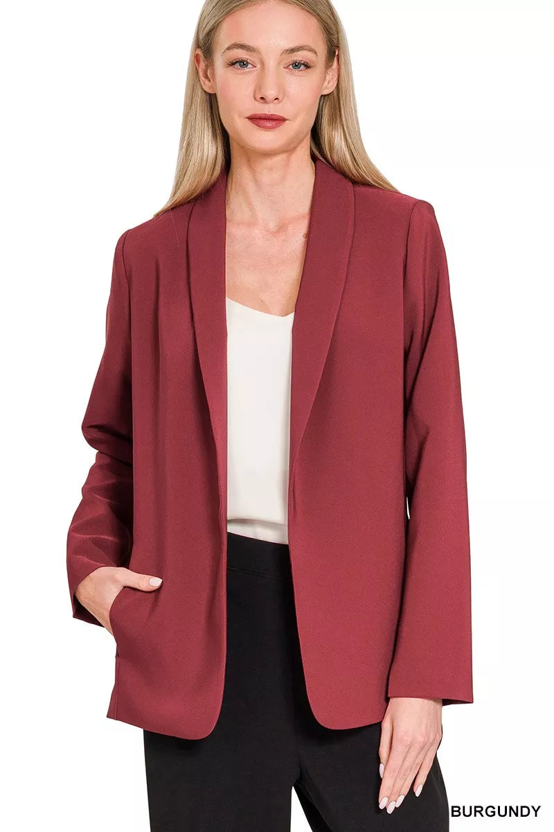 Zenana Woven Long Sleeve Blazer With Lining - BURGUNDY - View 1