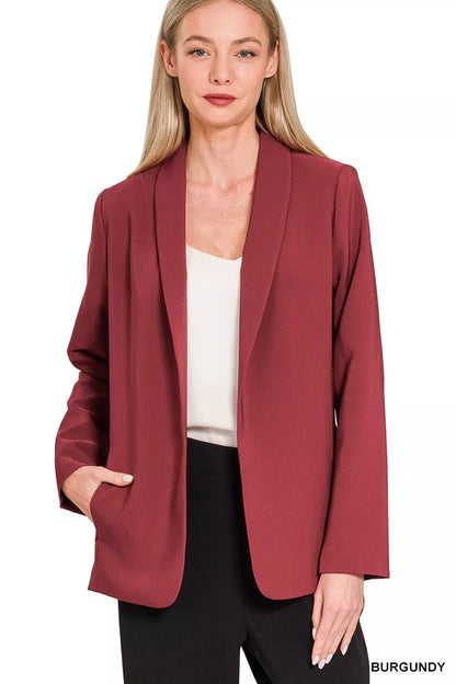 Zenana Woven Long Sleeve Blazer With Lining - BURGUNDY - View 1