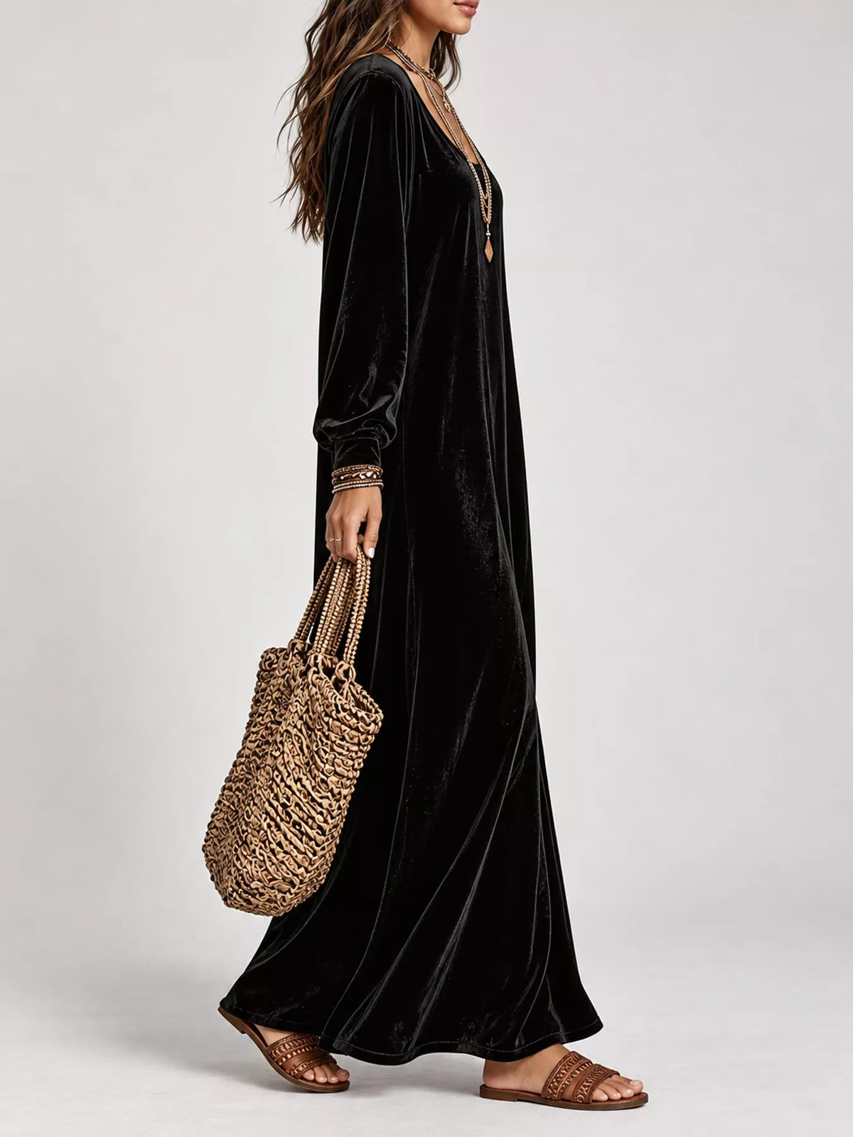 Velvet Long-Sleeve Maxi Dress - Black - View 7