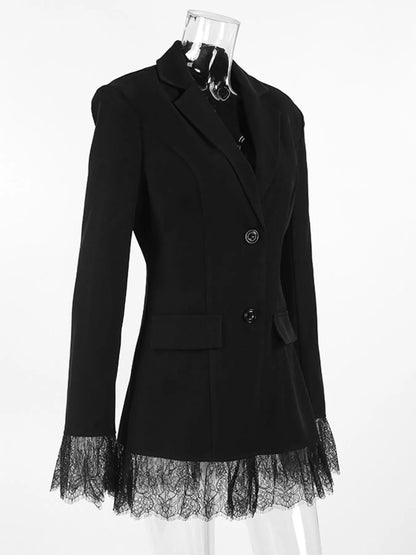Lace Hem Lapel Collar Blazer - Black - View 11