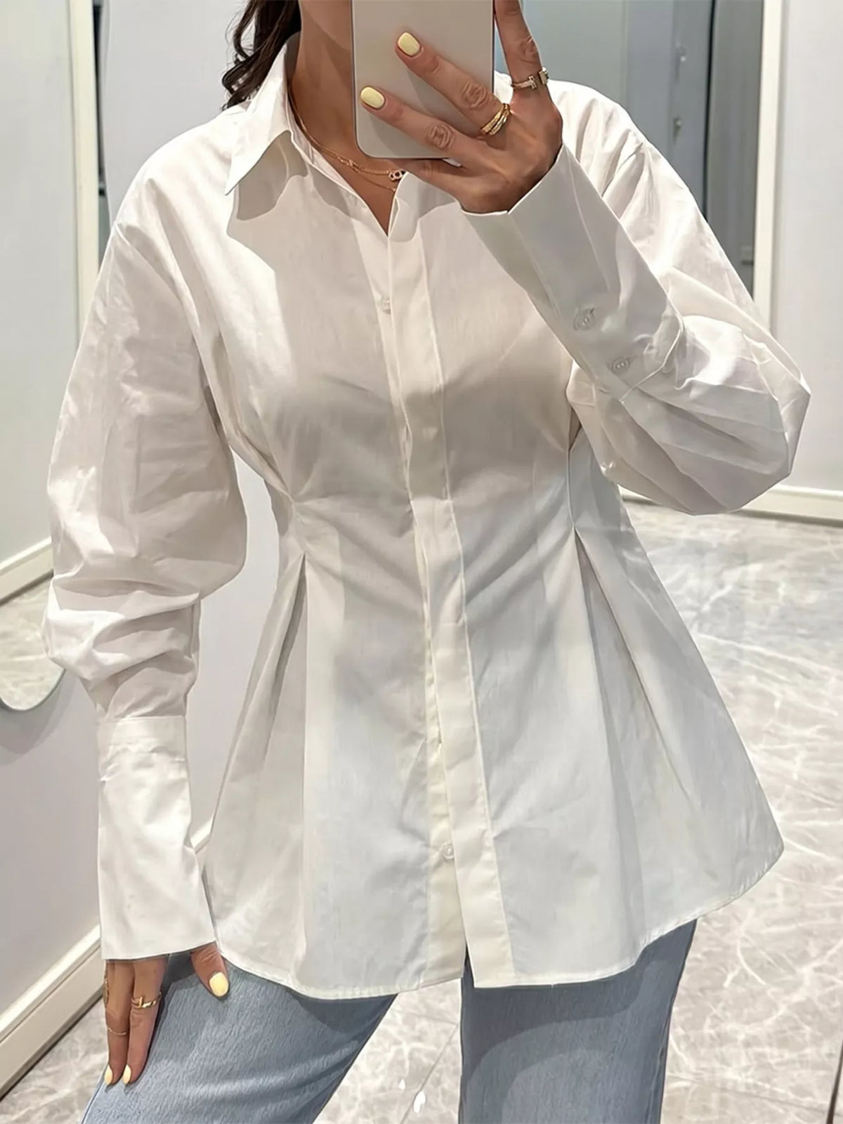 Button-Down Lantern Sleeve Shirt - White - View 1