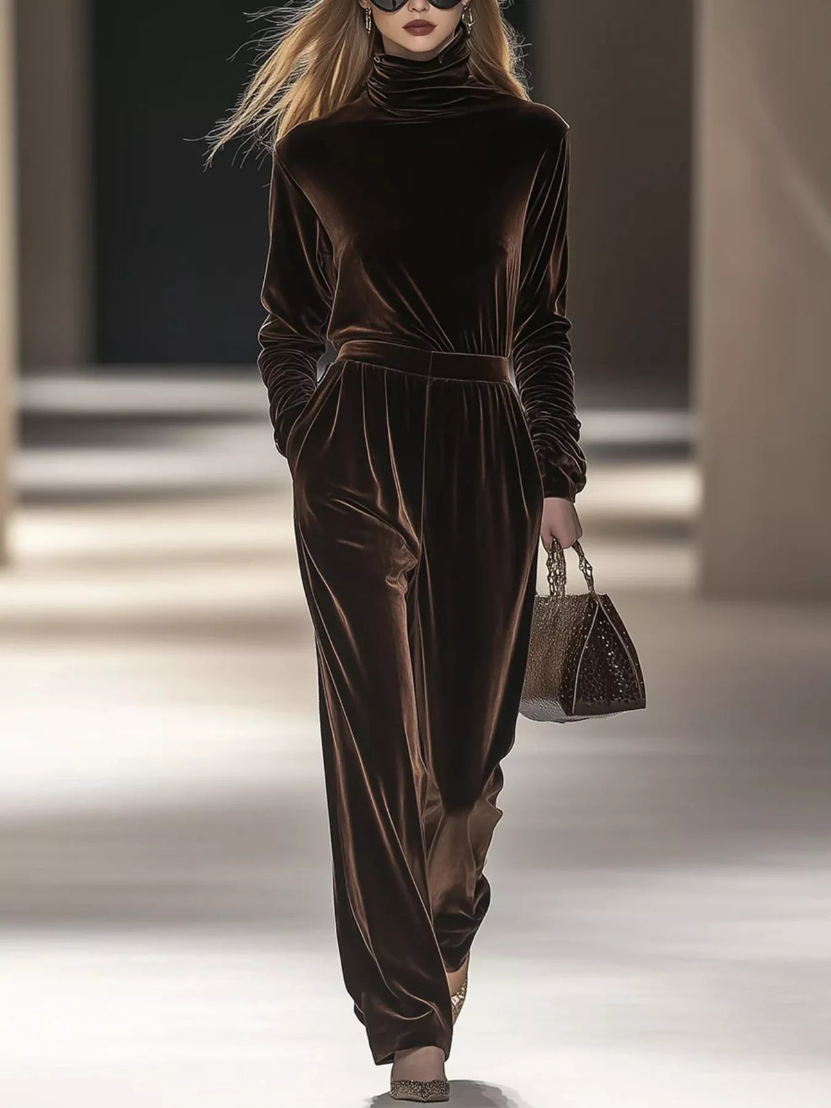 Full Size Velvet Turtleneck Long Sleeve Top and Wide-Leg Pants Set Plus Size - Dark Brown - View 1