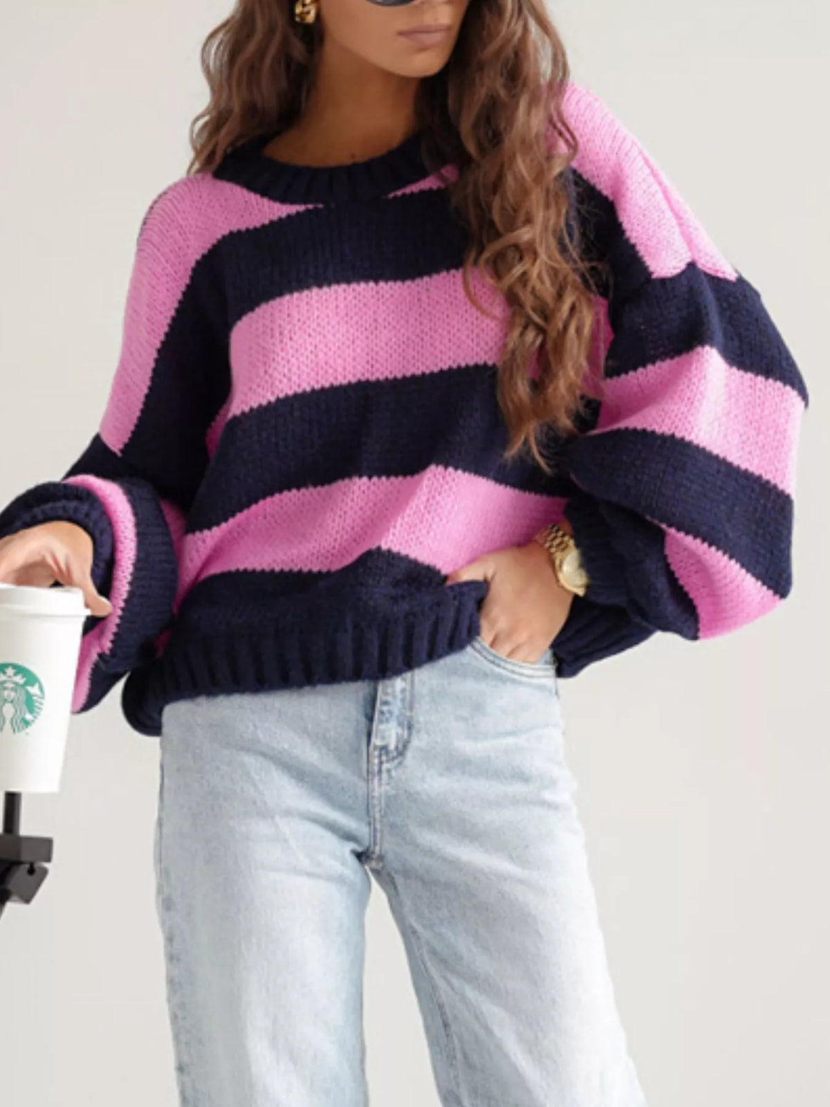 Striped Dropped Shoulder Sweater - Coffee Powder - View 3