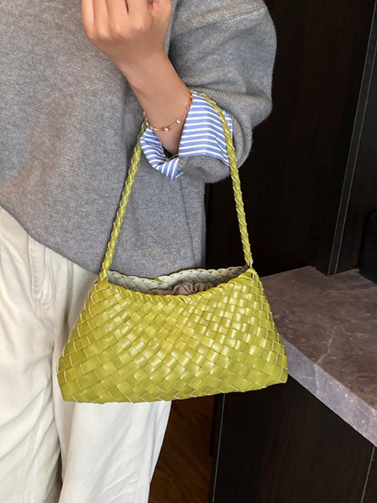 Drawstring Woven Shoulder Bag - Mustard Green - View 1