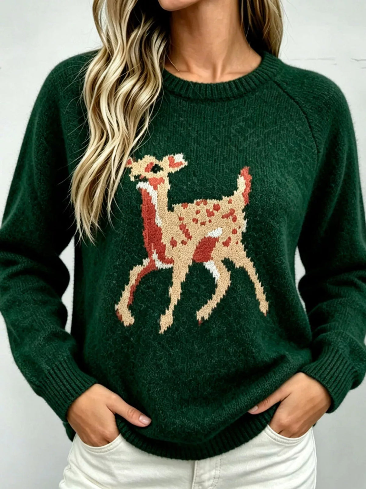 Deer Pattern Raglan Sleeve Sweater - Dark Green - View 1