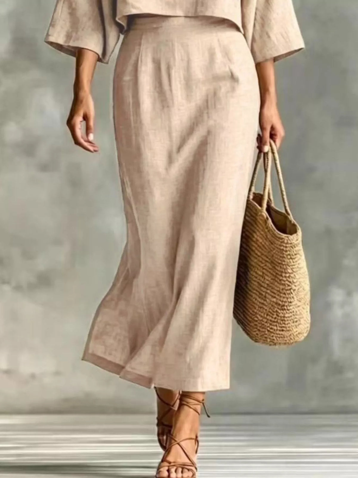 Full Size Solid Color Cropped Top and Midi Skirt Set Plus Size - Apricot - View 3