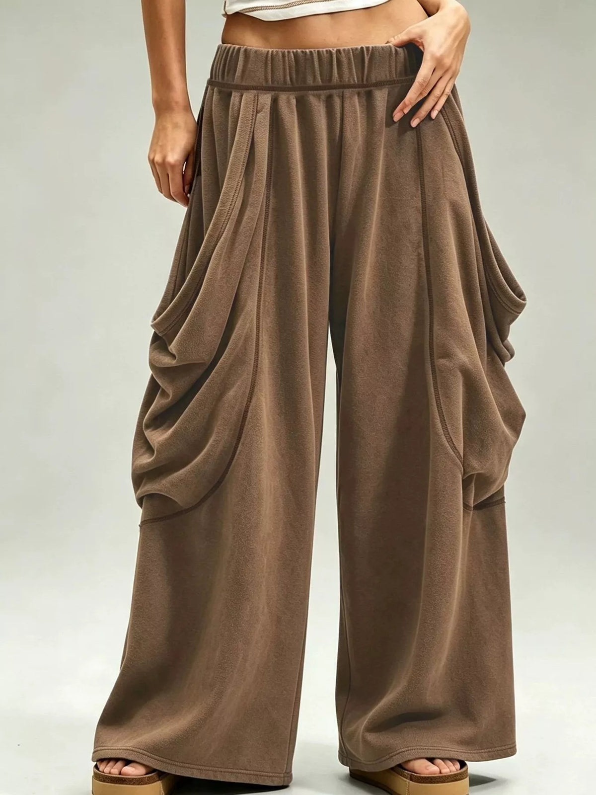 Oversized Wide-Leg Cargo Pants - Khaki Color - View 1