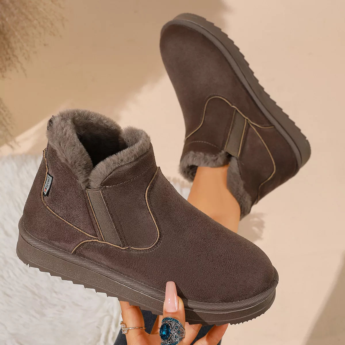 Plush Lined Winter Ankle Boots - Khaki - View 5