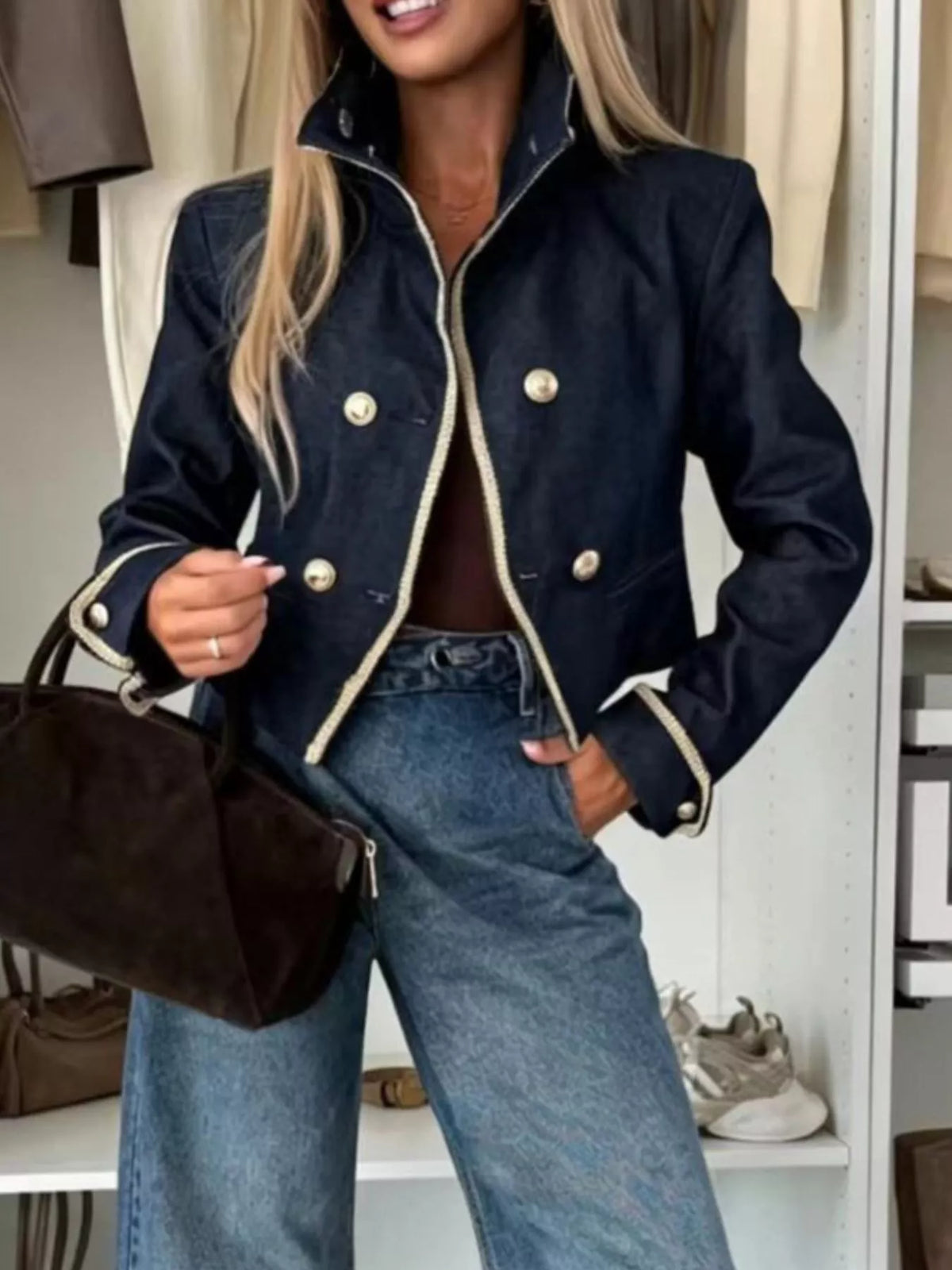 Double-Breasted Cropped Jacket - Dark Blue - View 1