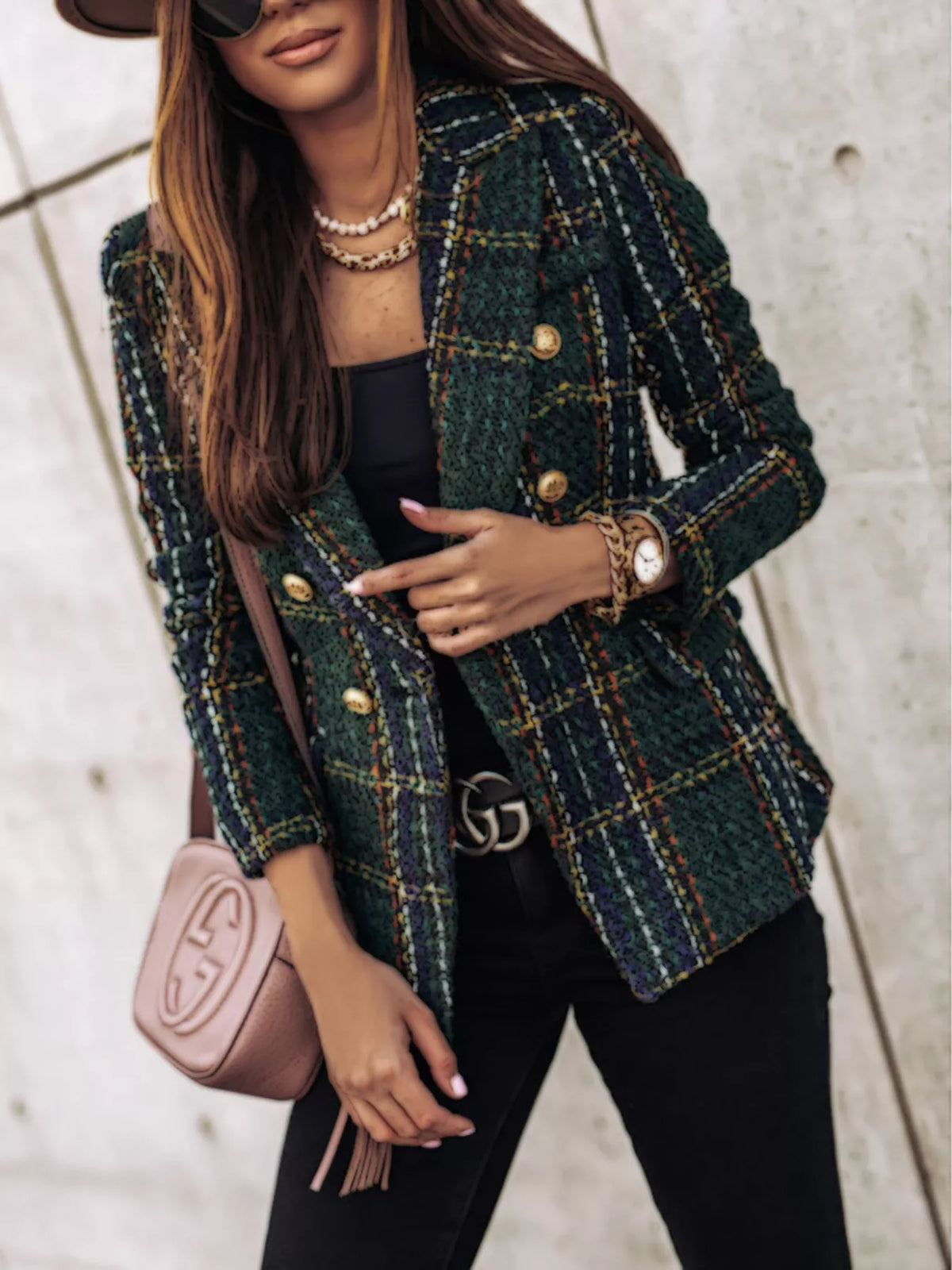 Full Size Plaid Tweed Double-Breasted Blazer Plus Size - Black Forest - View 1