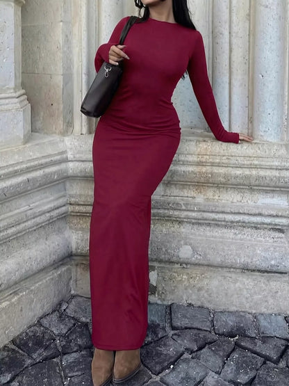 Long-Sleeve Bodycon Maxi Dress - Wine Red - View 2