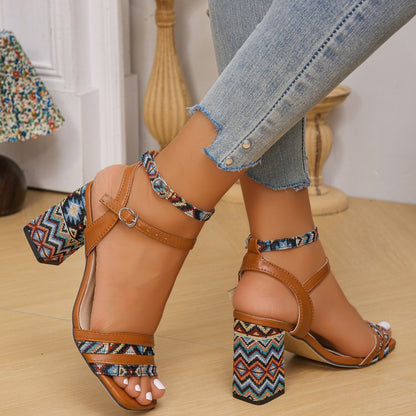 Open Toe Block Heels Sandals - Light Brown - View 5