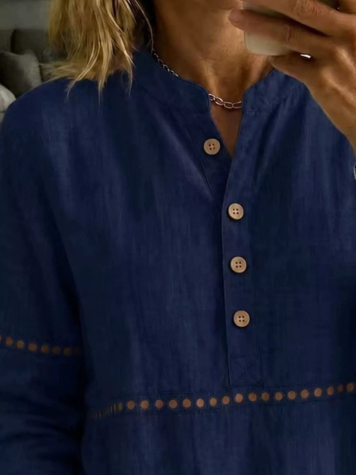 Full Size Button Detail Eyelet Long Sleeve Blouse Plus Size - Navy Blue - View 2