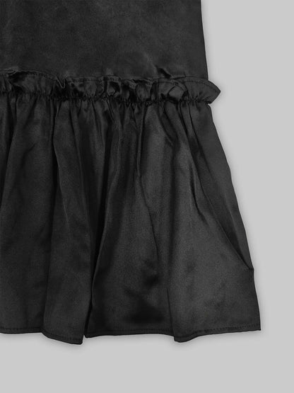 Pearl-Embellished Mock Neck Ruffle Hem Dress - Black - View 10
