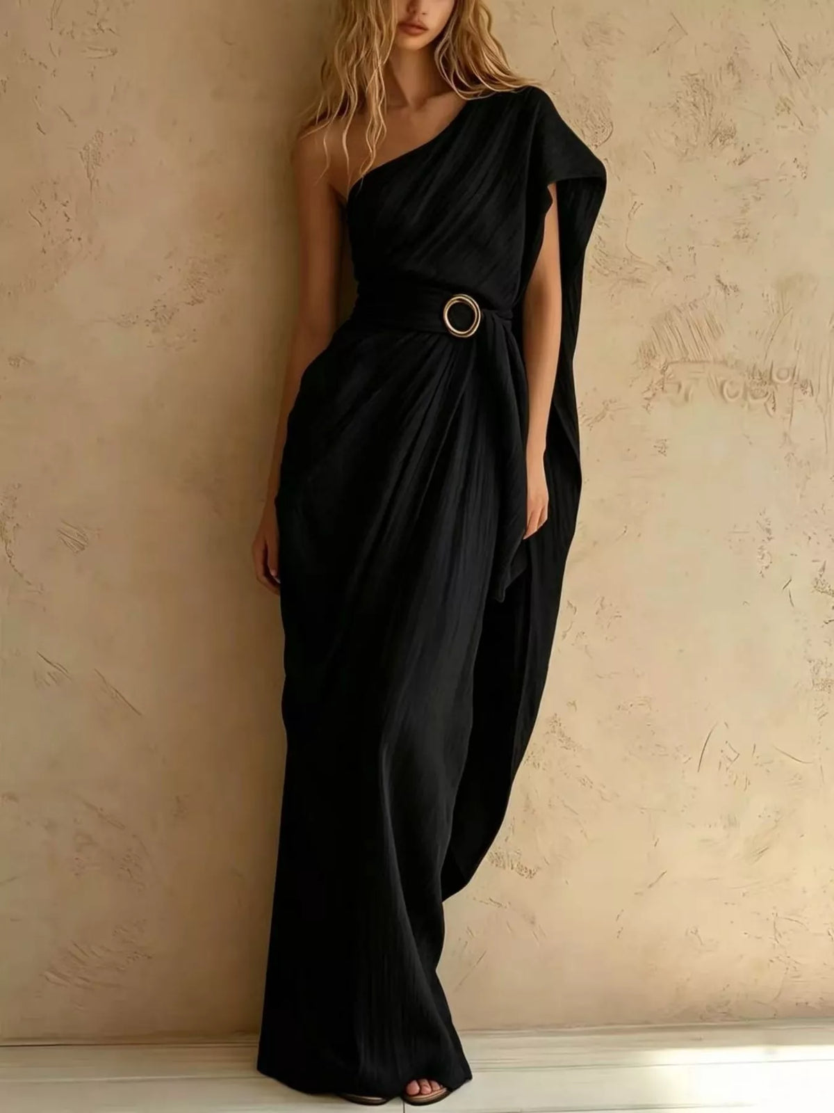 One-Shoulder Draped Maxi Dress with Waist Buckle - Black - View 1