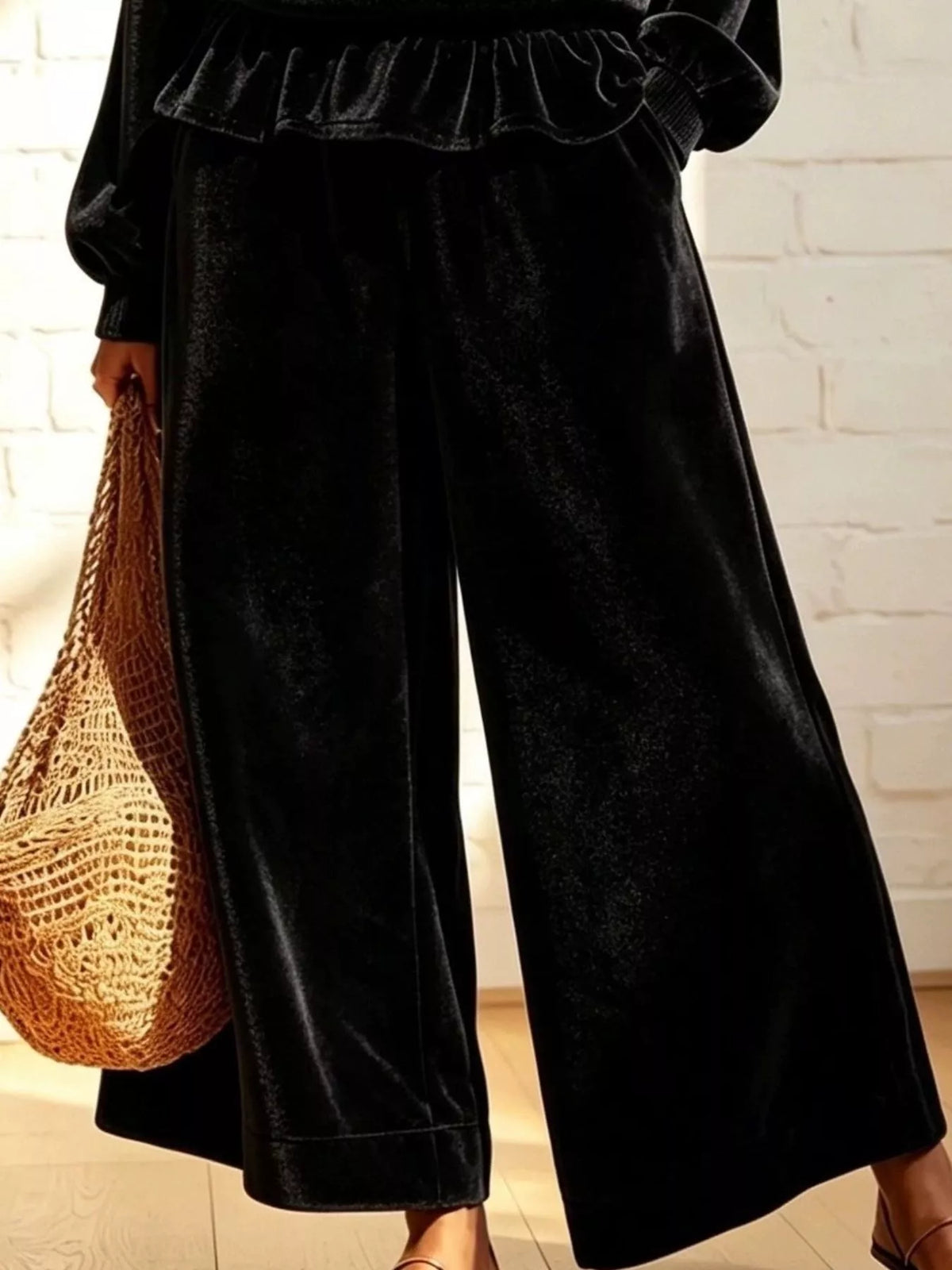 Velvet Peplum Top and Wide-Leg Pants Set - Black - View 4