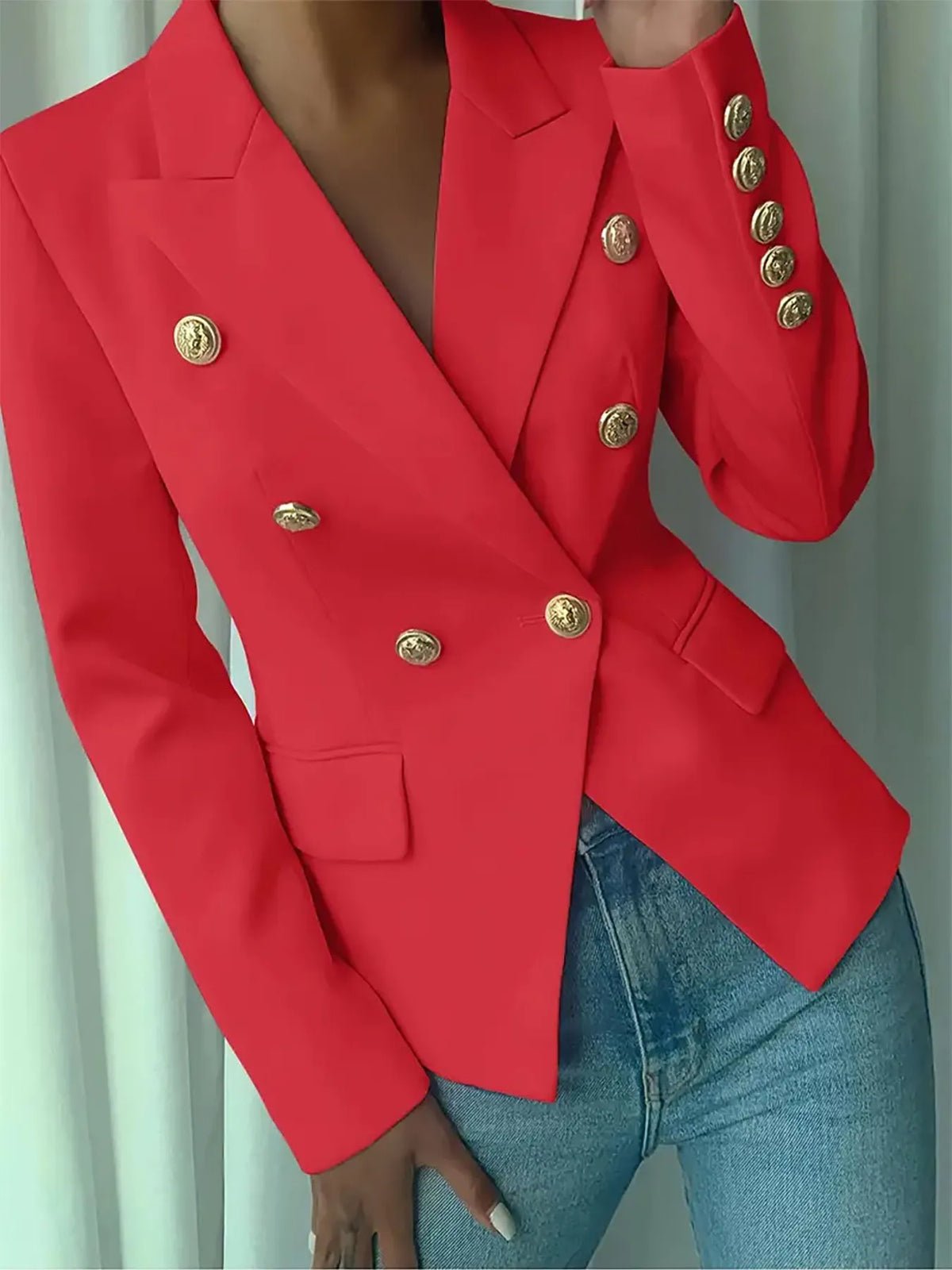 Decor Button Lapel Collar Blazer - Red - View 13
