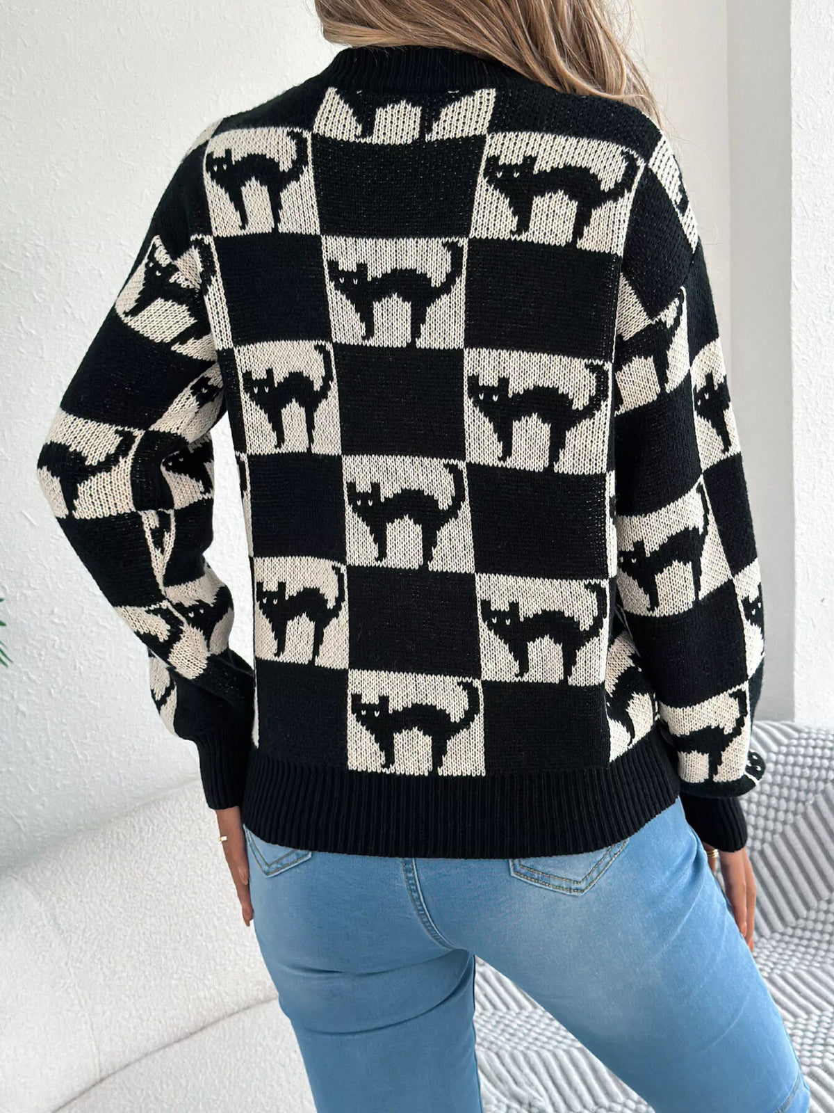 Checkerboard Halloween Graphic Sweater - Black - View 2