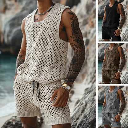 Summer New Casual Vertical Stripe Knitted Suit-Fit Slim Fit Turn-Down Collar Short Sleeve Button-Up Shirt Shorts Men's Summer Wear
