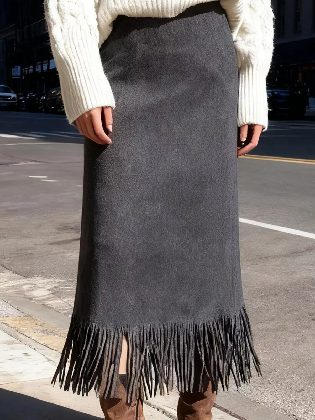 High-Waisted Fringe Midi Skirt - Dark Gray - View 15