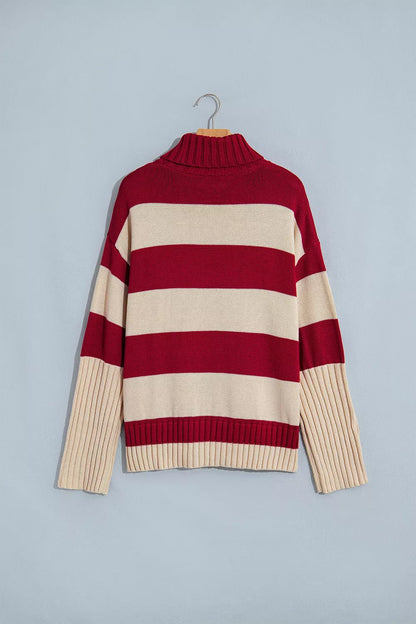 Stripe Ribbed Trim High Neck Relaxed Pullover Sweater - Burgundy - View 7