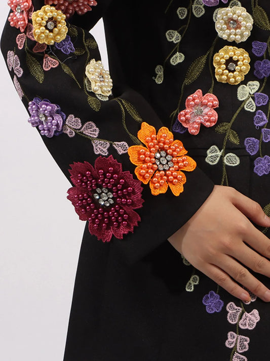 Pearl Detail Flower Lapel Collar Blazer - Black - View 2