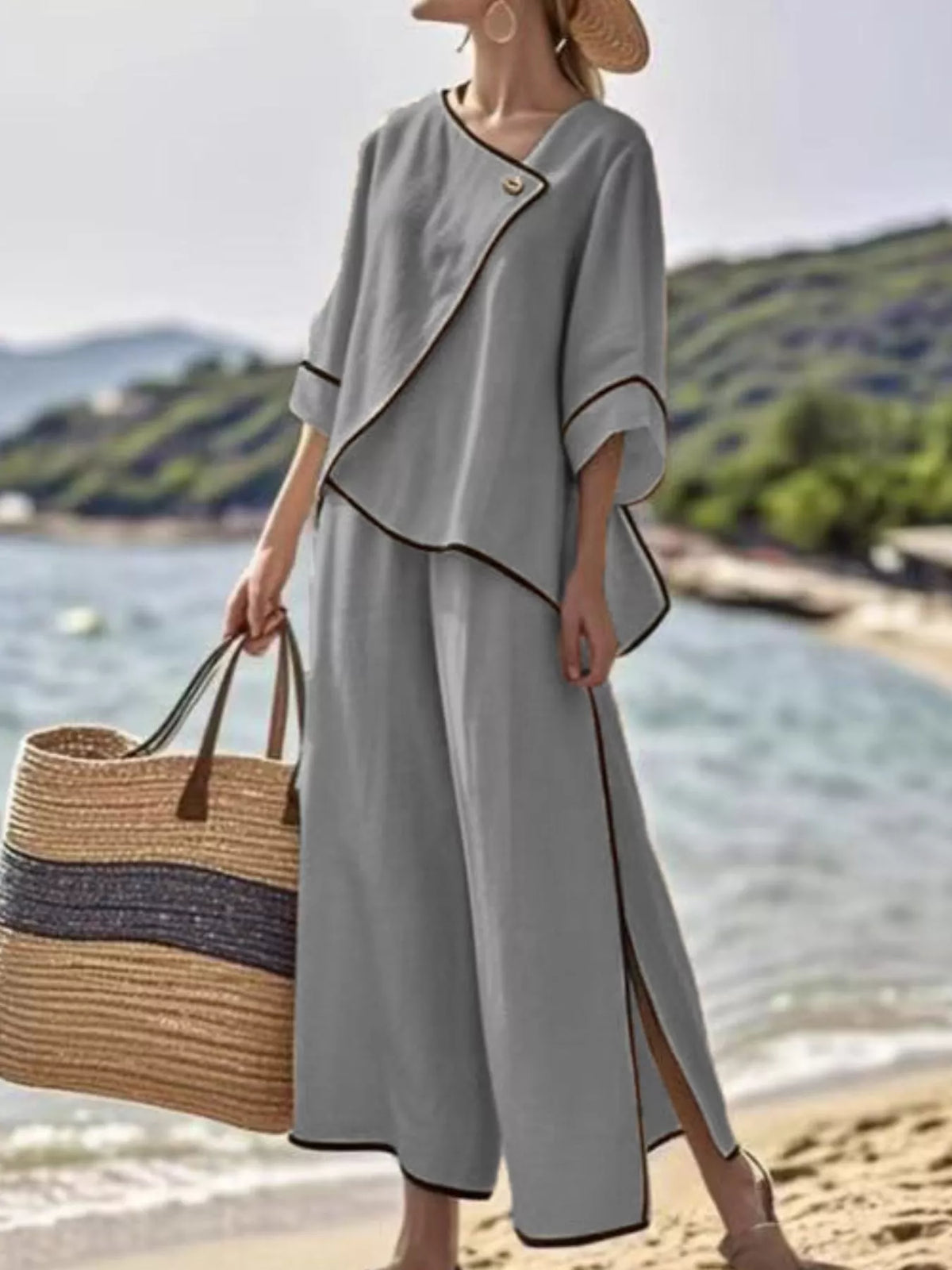 Full Size Contrast Trim Top and Wide Leg Pants Set Plus Size - Grey - View 1