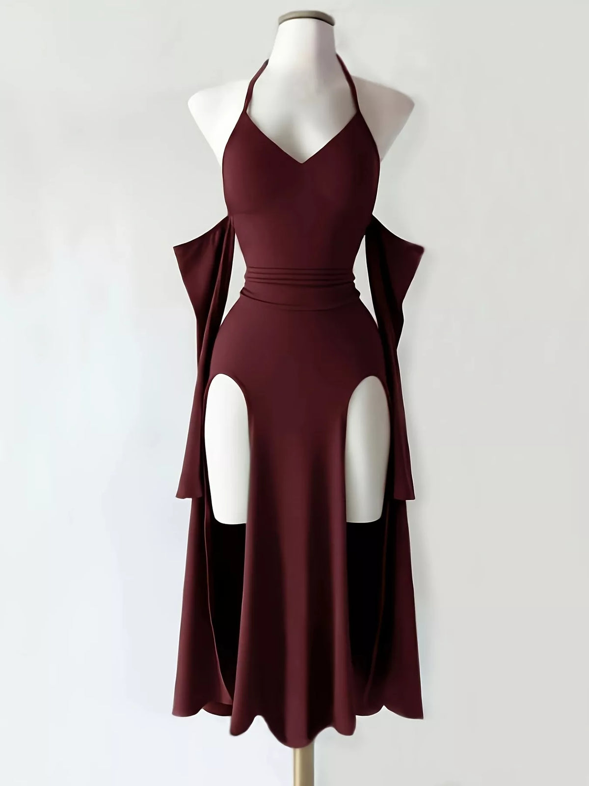 Halter Neck High-Slit Bodycon Dress - Wine Red - View 1
