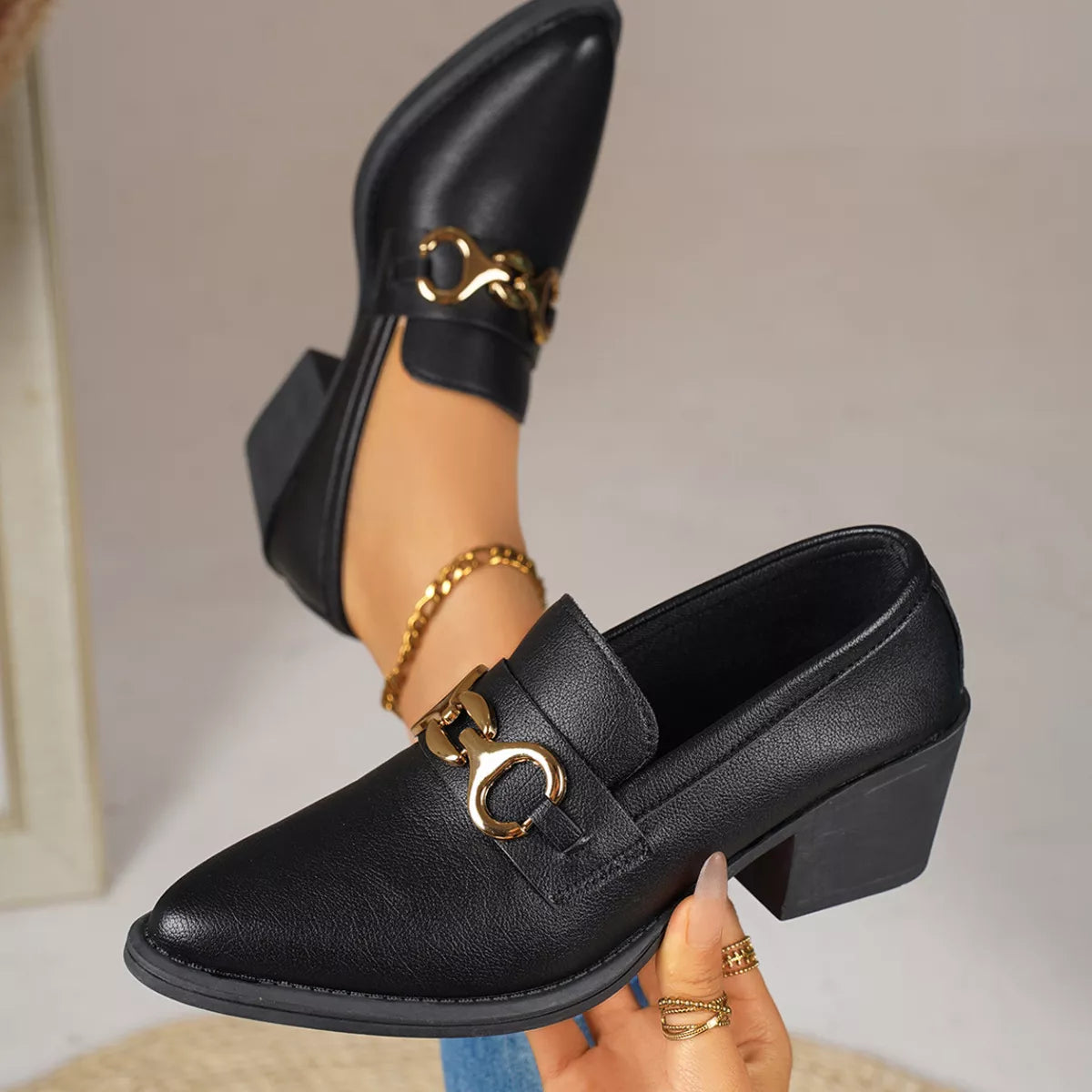 Point Toe Block Heels Loafers - F34 Black - View 4