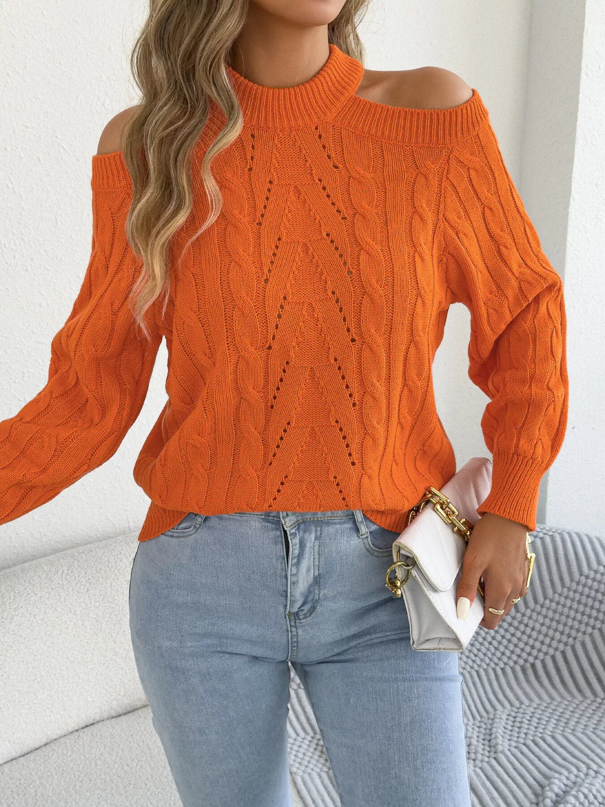 Cold Shoulder Cable Knit Sweater - Orange - View 6